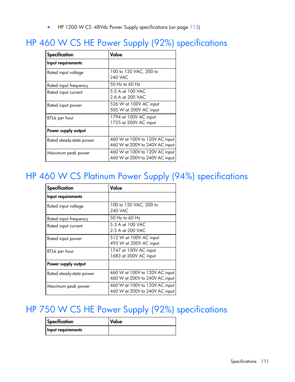 Hp 460 w cs he power supply (92%) specifications, Hp 750 w cs he power supply (92%) specifications | HP ProLiant DL360 G7 Server User Manual | Page 111 / 130