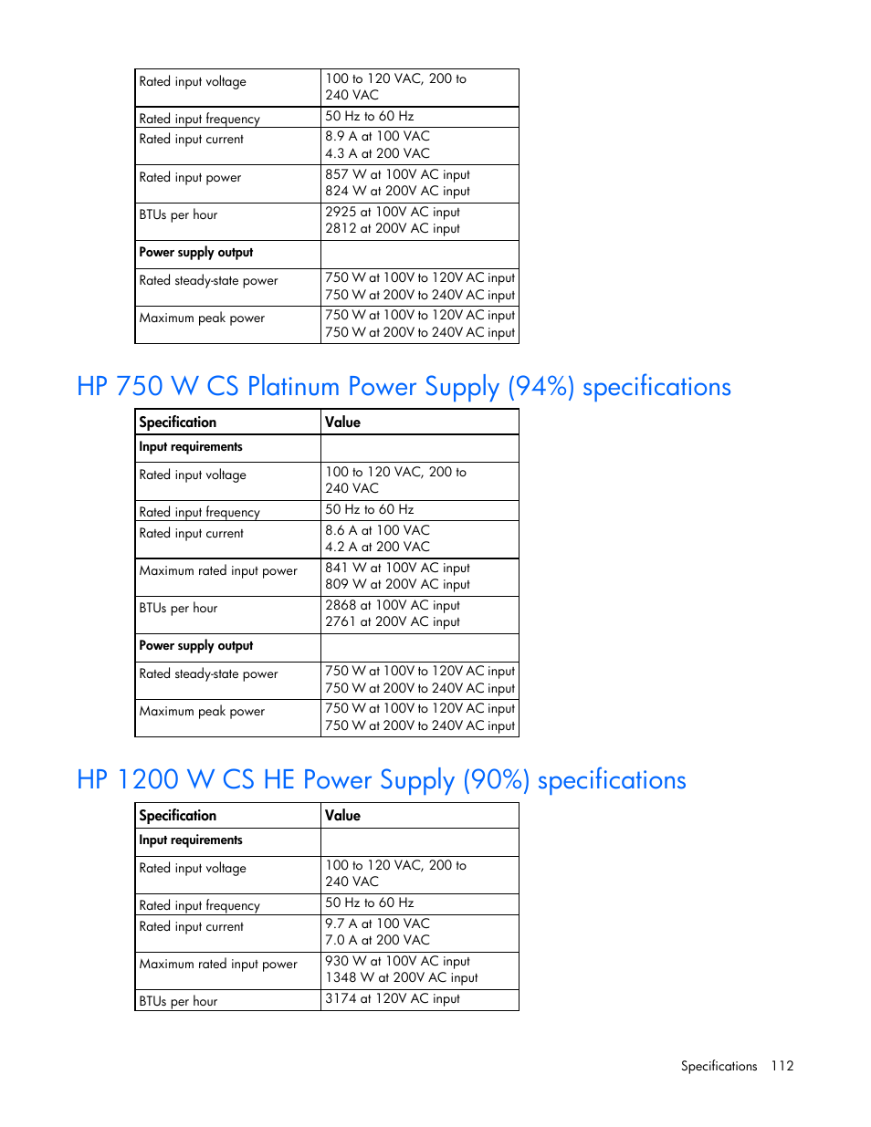 Hp 1200 w cs he power supply (90%) specifications | HP ProLiant DL360 G7 Server User Manual | Page 112 / 130