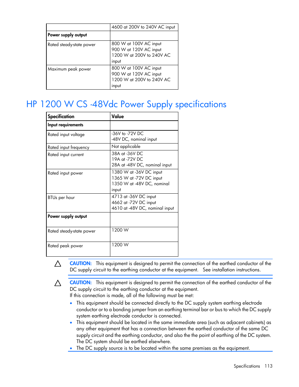 Hp 1200 w cs -48vdc power supply specifications | HP ProLiant DL360 G7 Server User Manual | Page 113 / 130