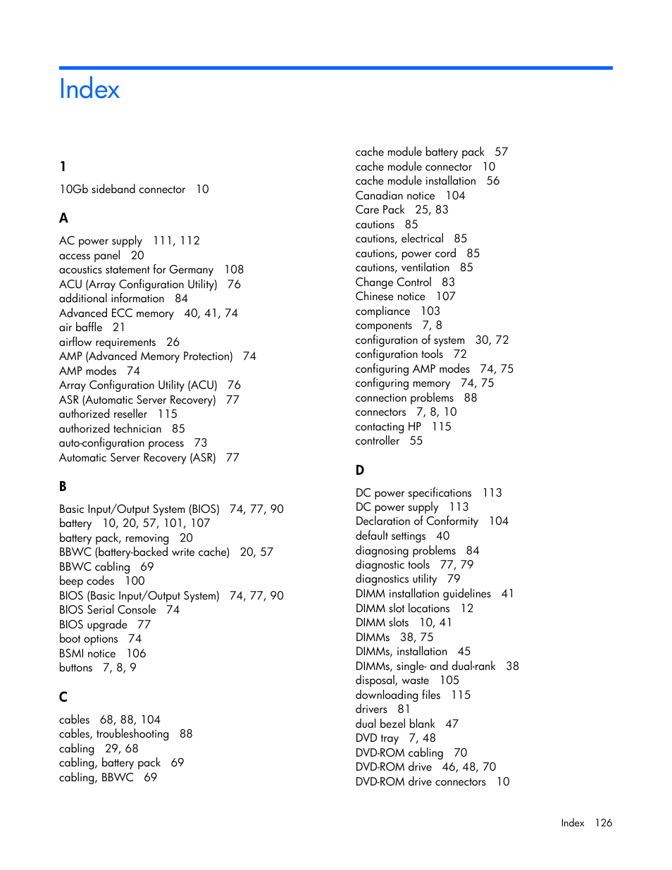 Index | HP ProLiant DL360 G7 Server User Manual | Page 126 / 130