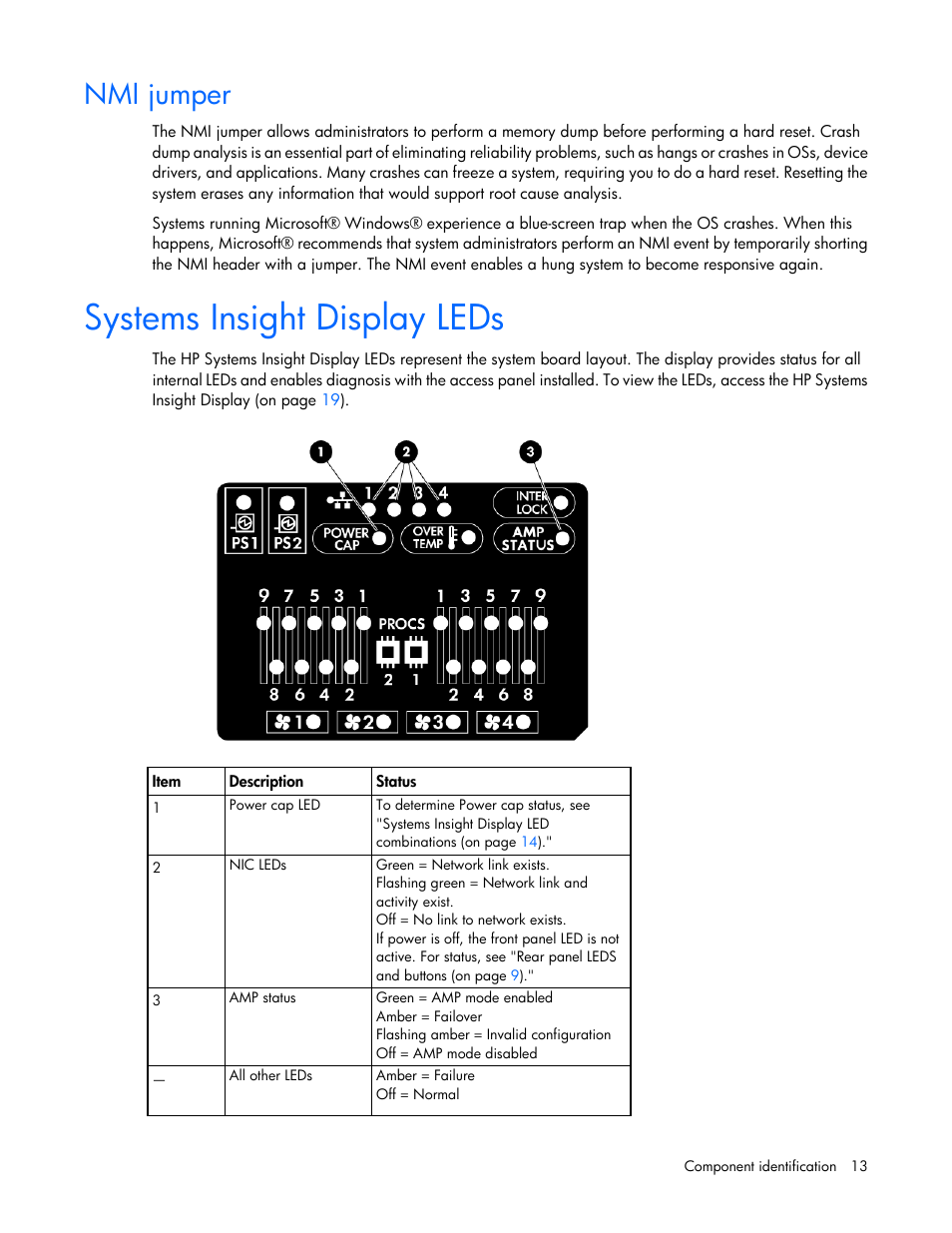 Nmi jumper, Systems insight display leds | HP ProLiant DL360 G7 Server User Manual | Page 13 / 130