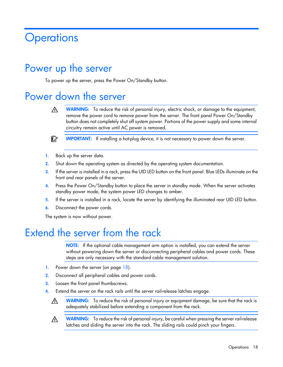 Operations, Power up the server, Power down the server | Extend the server from the rack | HP ProLiant DL360 G7 Server User Manual | Page 18 / 130