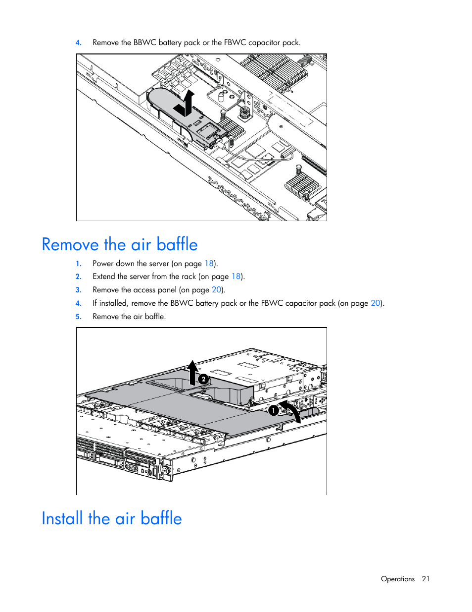 Remove the air baffle, Install the air baffle | HP ProLiant DL360 G7 Server User Manual | Page 21 / 130