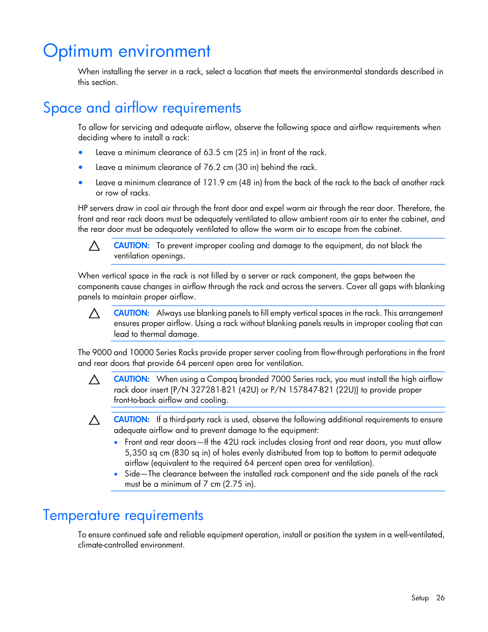 Optimum environment, Space and airflow requirements, Temperature requirements | HP ProLiant DL360 G7 Server User Manual | Page 26 / 130