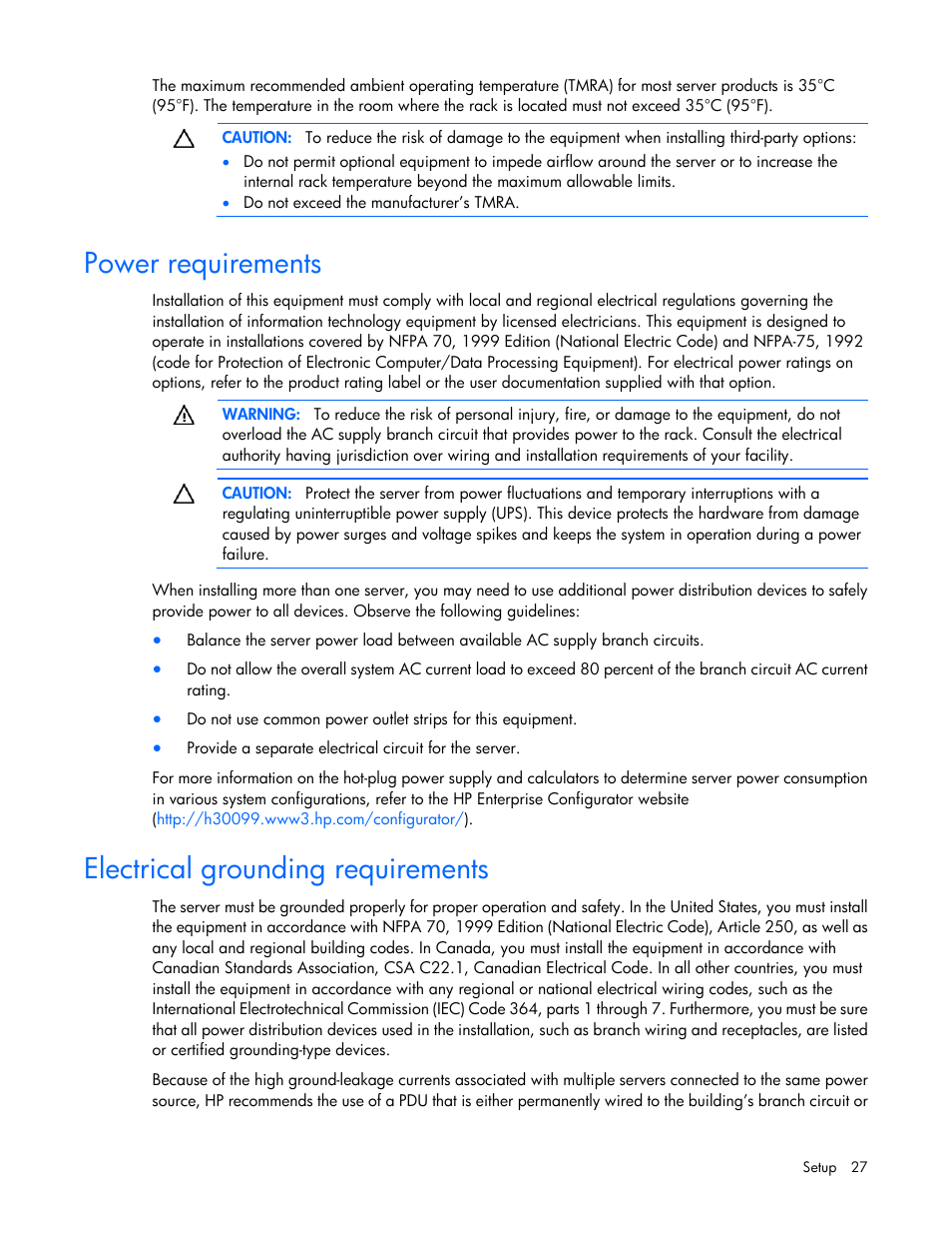 Power requirements, Electrical grounding requirements | HP ProLiant DL360 G7 Server User Manual | Page 27 / 130