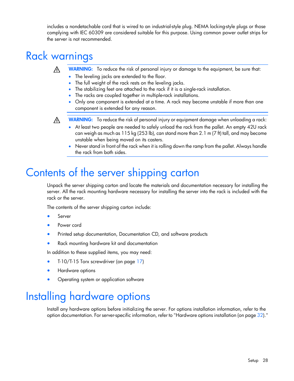 Rack warnings, Contents of the server shipping carton, Installing hardware options | HP ProLiant DL360 G7 Server User Manual | Page 28 / 130