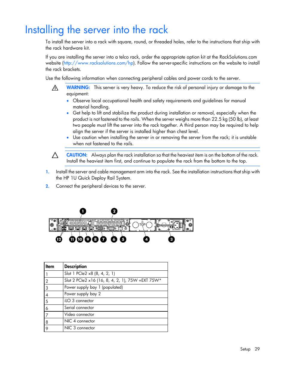 Installing the server into the rack | HP ProLiant DL360 G7 Server User Manual | Page 29 / 130