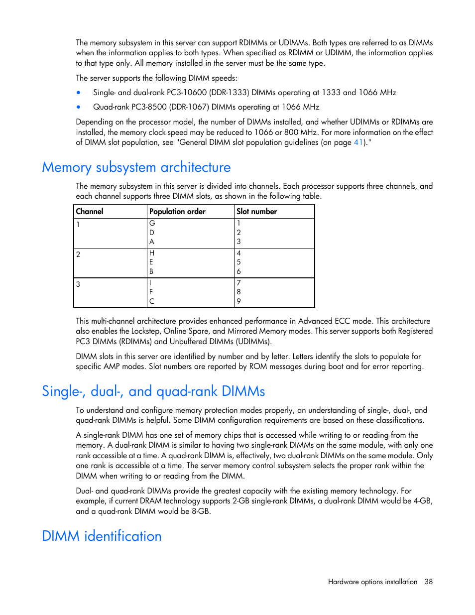 Memory subsystem architecture, Single-, dual-, and quad-rank dimms, Dimm identification | HP ProLiant DL360 G7 Server User Manual | Page 38 / 130