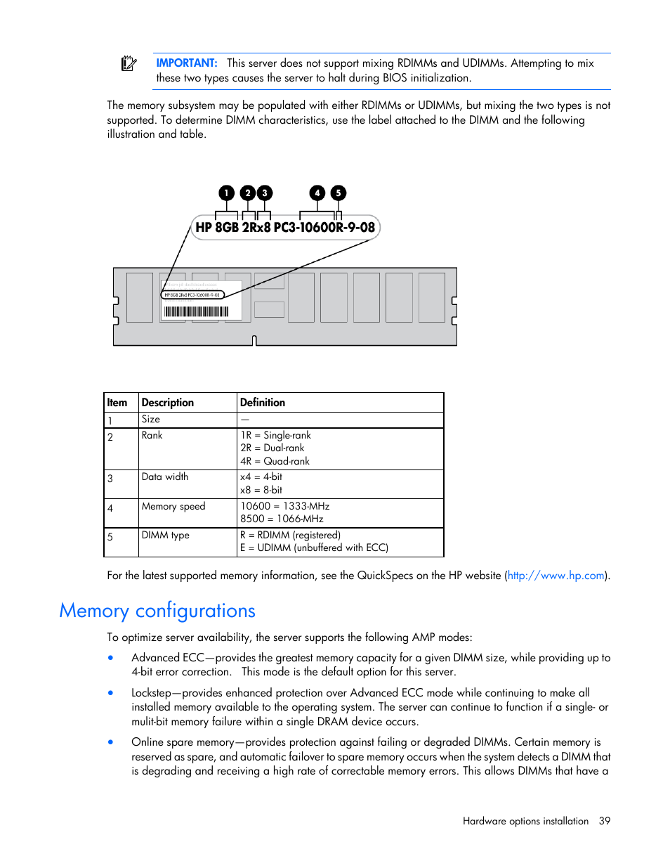 Memory configurations | HP ProLiant DL360 G7 Server User Manual | Page 39 / 130