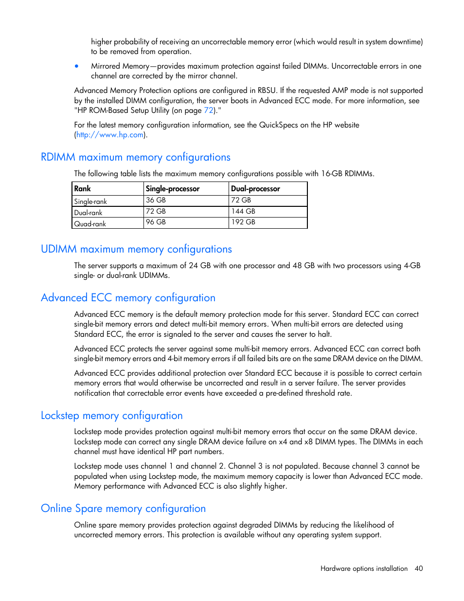 Rdimm maximum memory configurations, Udimm maximum memory configurations, Advanced ecc memory configuration | Lockstep memory configuration, Online spare memory configuration | HP ProLiant DL360 G7 Server User Manual | Page 40 / 130