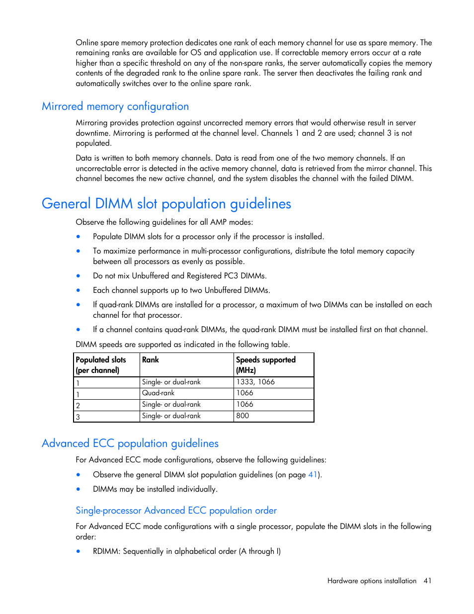 Mirrored memory configuration, General dimm slot population guidelines, Advanced ecc population guidelines | Single-processor advanced ecc population order | HP ProLiant DL360 G7 Server User Manual | Page 41 / 130