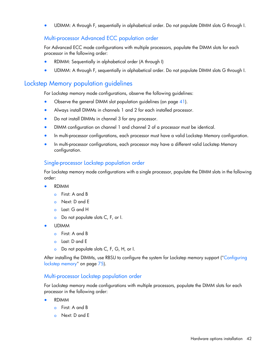 Multi-processor advanced ecc population order, Lockstep memory population guidelines, Single-processor lockstep population order | Multi-processor lockstep population order | HP ProLiant DL360 G7 Server User Manual | Page 42 / 130