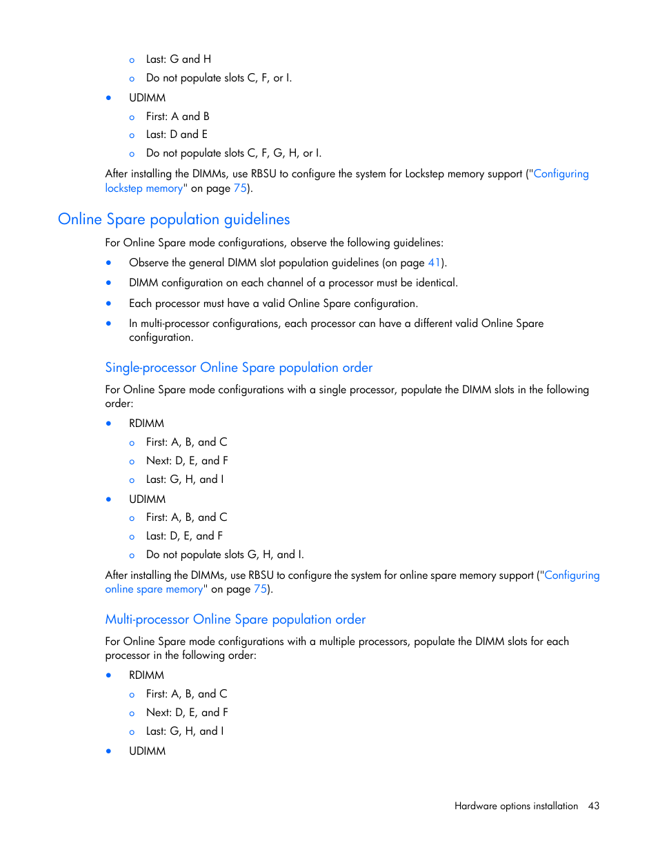 Online spare population guidelines, Single-processor online spare population order, Multi-processor online spare population order | HP ProLiant DL360 G7 Server User Manual | Page 43 / 130