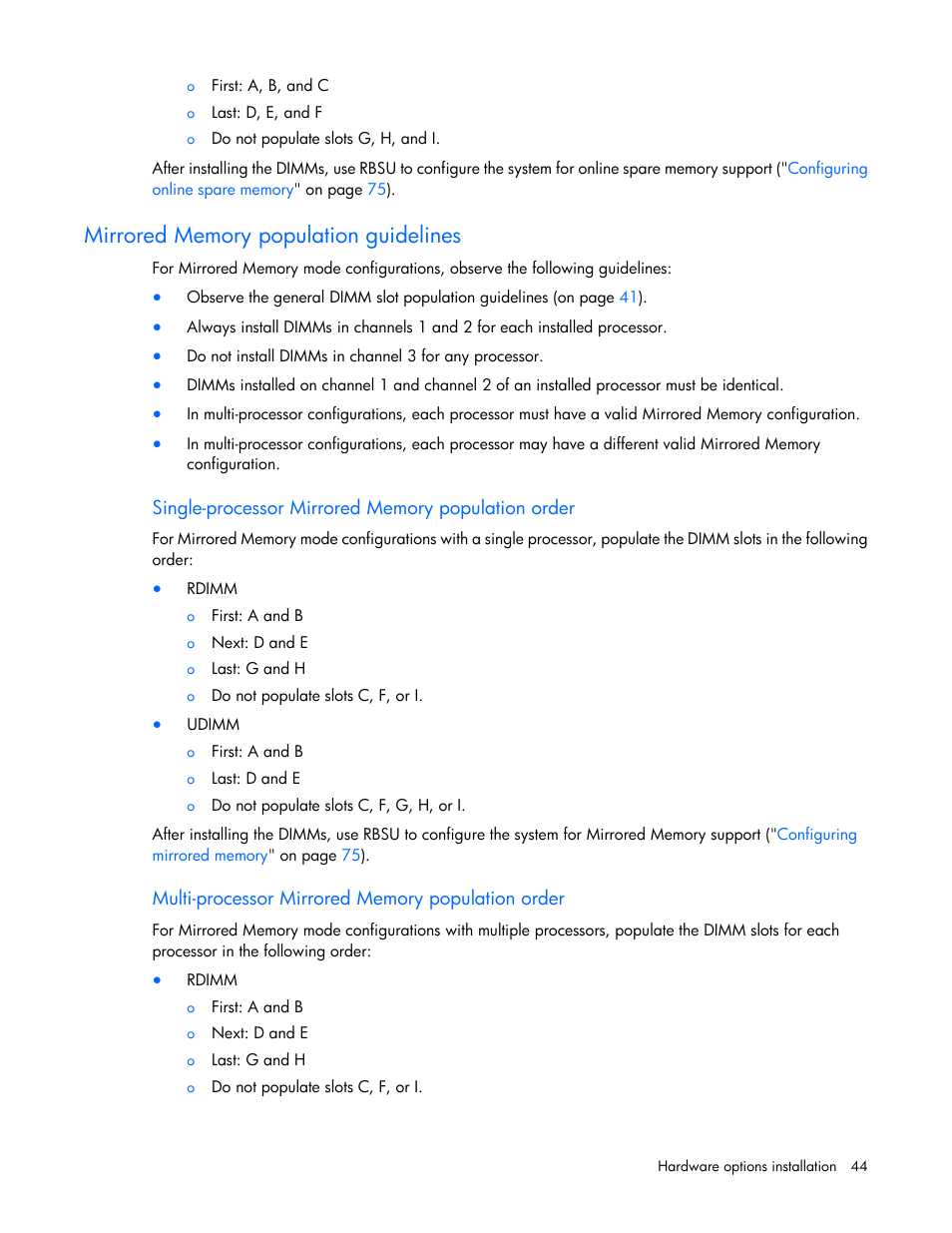 Mirrored memory population guidelines, Single-processor mirrored memory population order, Multi-processor mirrored memory population order | HP ProLiant DL360 G7 Server User Manual | Page 44 / 130