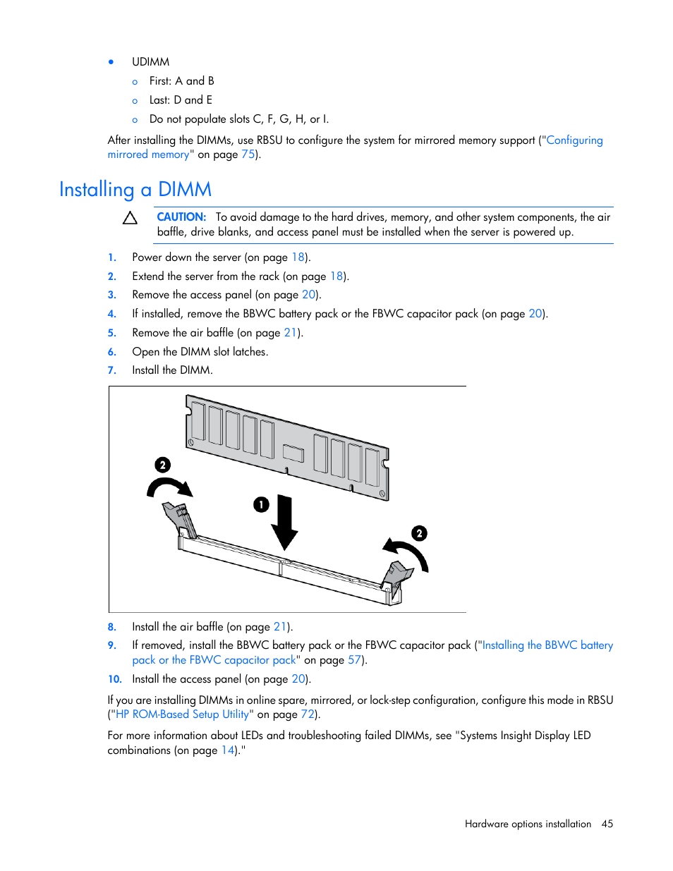 Installing a dimm | HP ProLiant DL360 G7 Server User Manual | Page 45 / 130