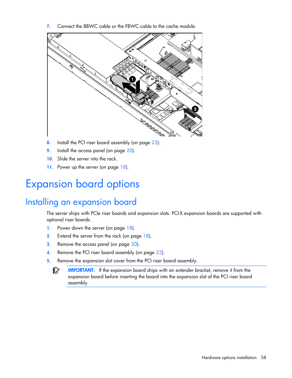 Expansion board options, Installing an expansion board | HP ProLiant DL360 G7 Server User Manual | Page 58 / 130