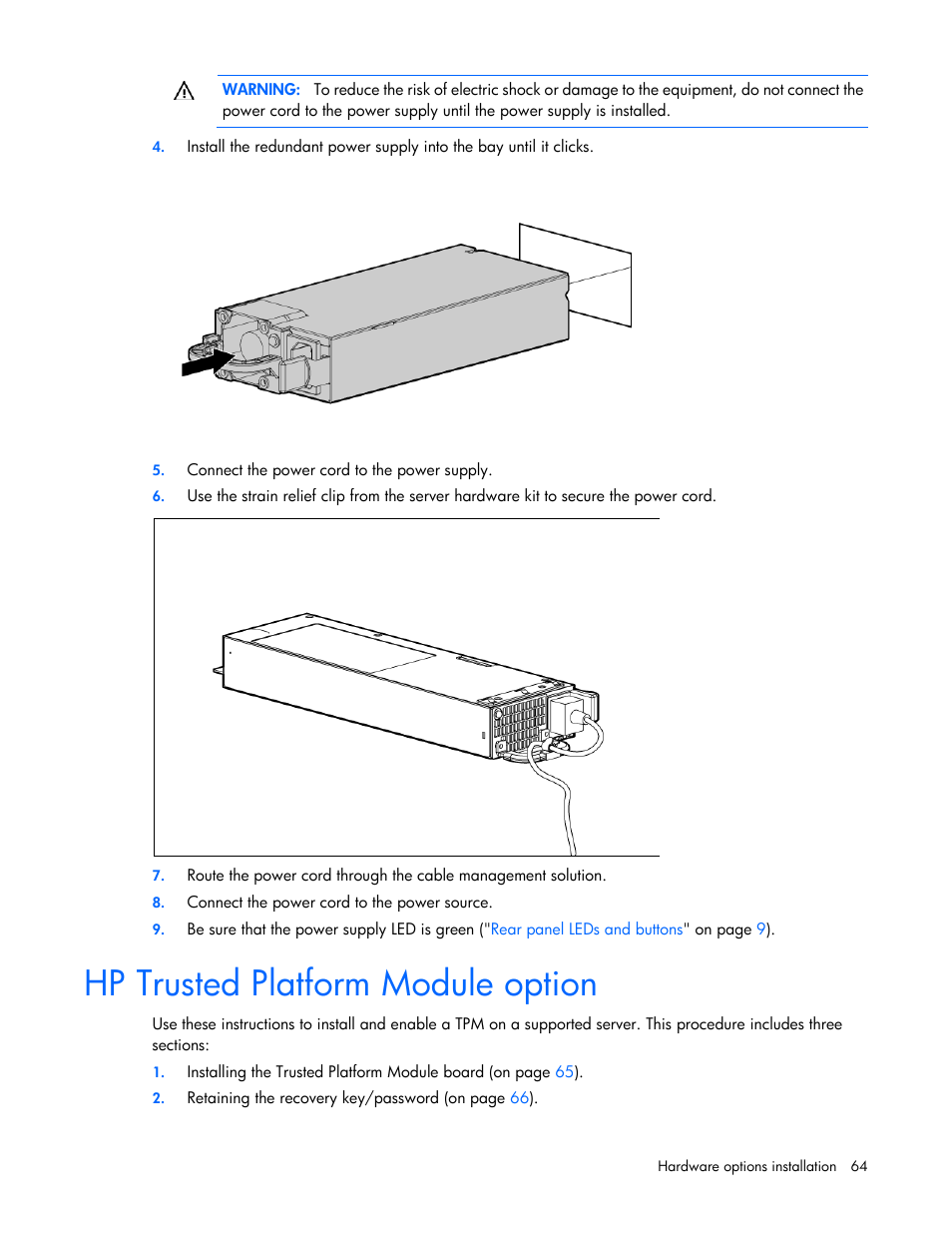 Hp trusted platform module option | HP ProLiant DL360 G7 Server User Manual | Page 64 / 130