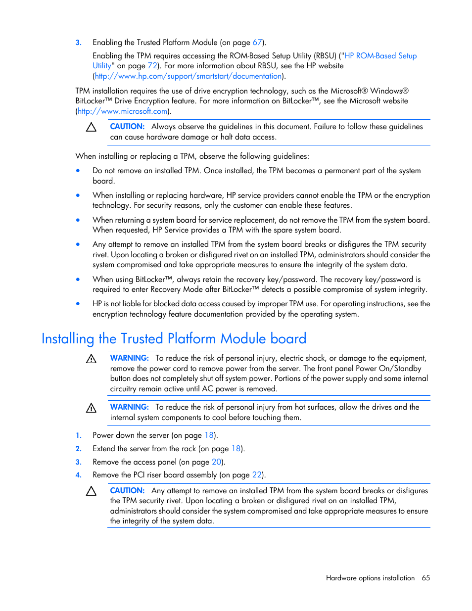 Installing the trusted platform module board | HP ProLiant DL360 G7 Server User Manual | Page 65 / 130