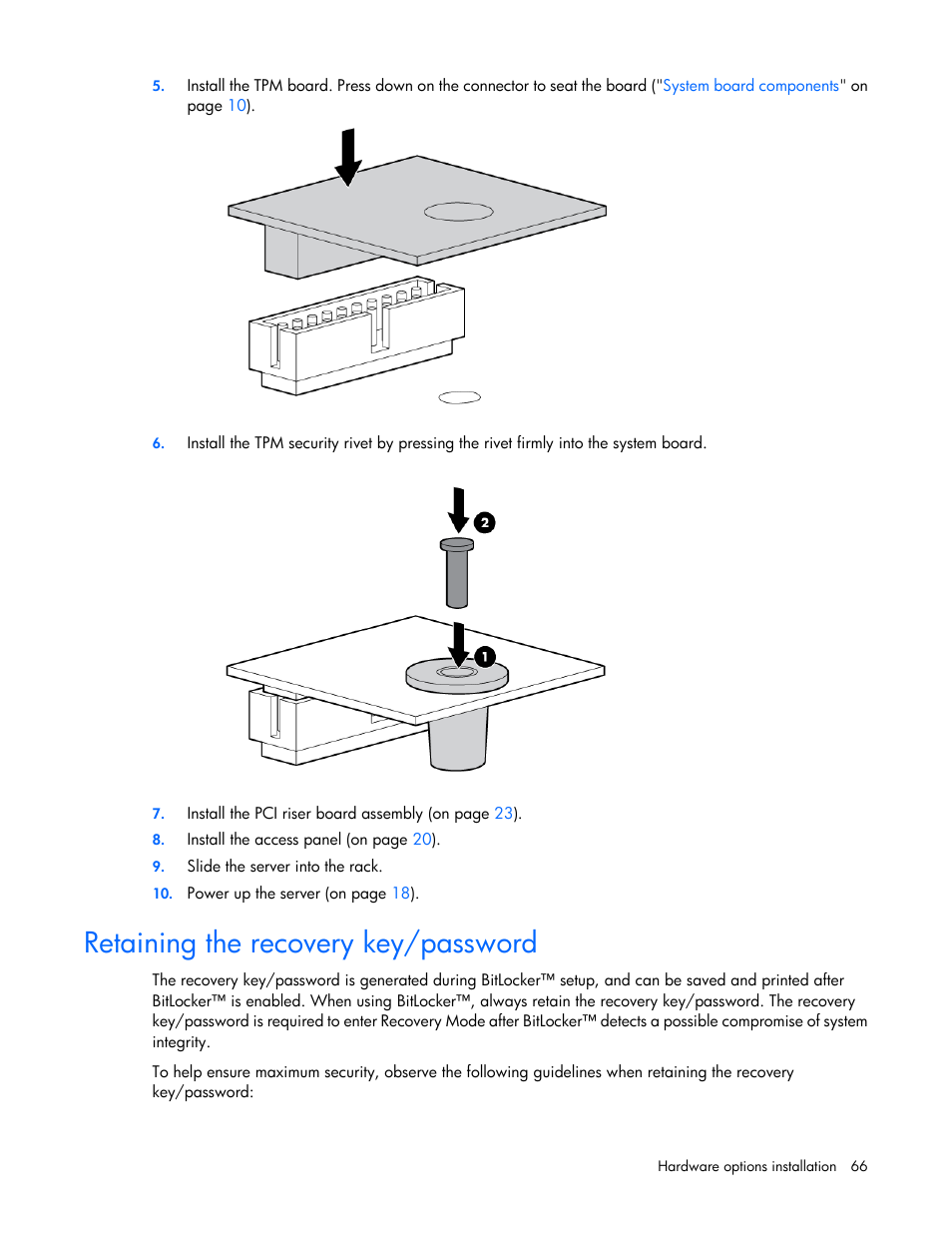 Retaining the recovery key/password | HP ProLiant DL360 G7 Server User Manual | Page 66 / 130