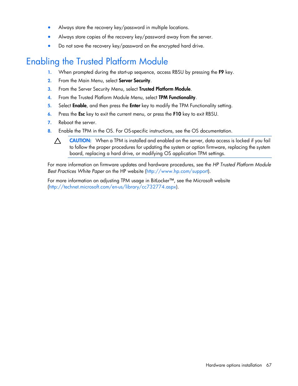 Enabling the trusted platform module | HP ProLiant DL360 G7 Server User Manual | Page 67 / 130