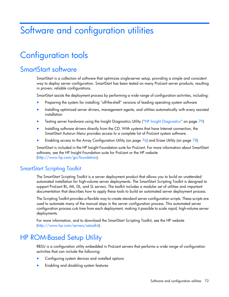 Software and configuration utilities, Configuration tools, Smartstart software | Smartstart scripting toolkit, Hp rom-based setup utility, Hp rom-based setup, Utility | HP ProLiant DL360 G7 Server User Manual | Page 72 / 130