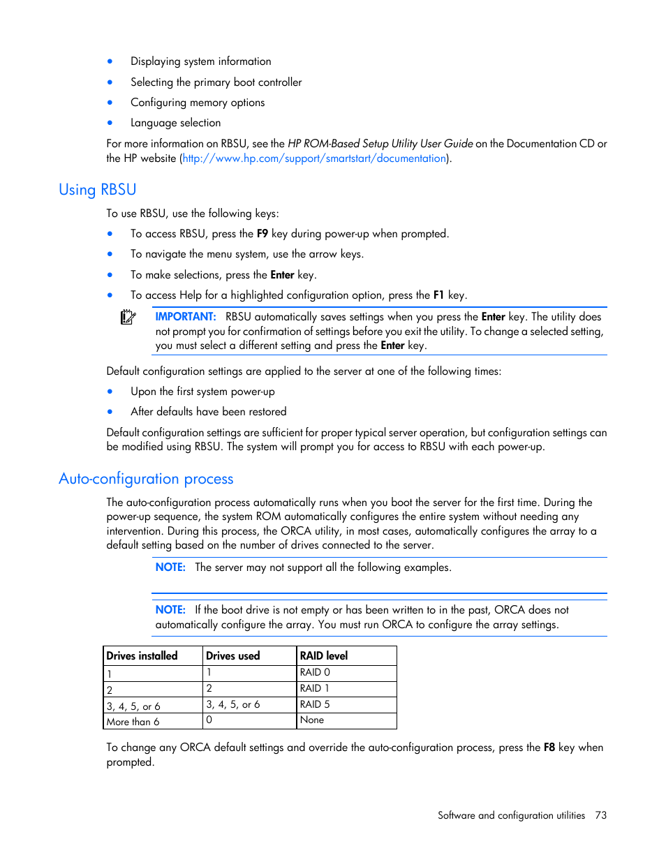 Using rbsu, Auto-configuration process | HP ProLiant DL360 G7 Server User Manual | Page 73 / 130