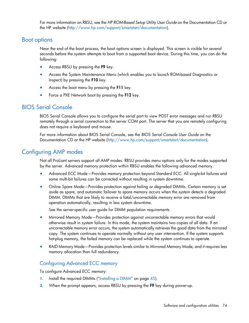 Boot options, Bios serial console, Configuring amp modes | Configuring advanced ecc memory | HP ProLiant DL360 G7 Server User Manual | Page 74 / 130