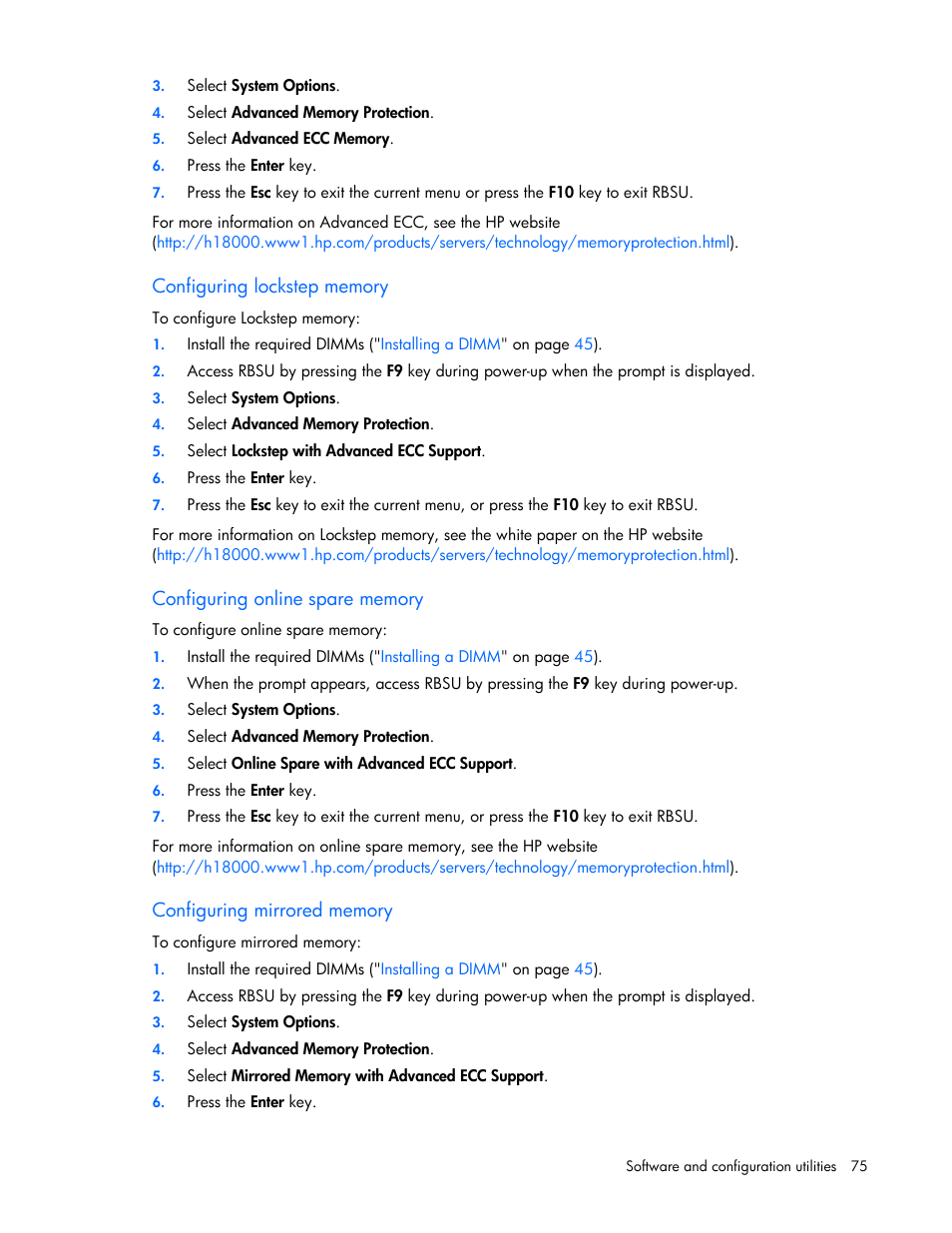 Configuring lockstep memory, Configuring online spare memory, Configuring mirrored memory | Configuring, Lockstep memory, Online spare memory, Mirrored memory | HP ProLiant DL360 G7 Server User Manual | Page 75 / 130