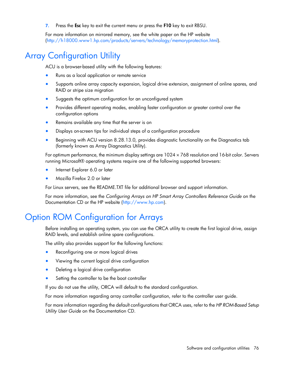 Array configuration utility, Option rom configuration for arrays | HP ProLiant DL360 G7 Server User Manual | Page 76 / 130