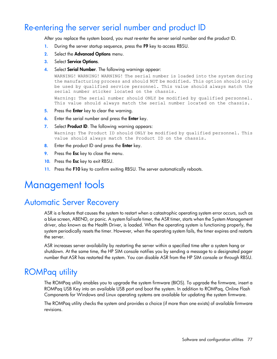 Management tools, Automatic server recovery, Rompaq utility | HP ProLiant DL360 G7 Server User Manual | Page 77 / 130