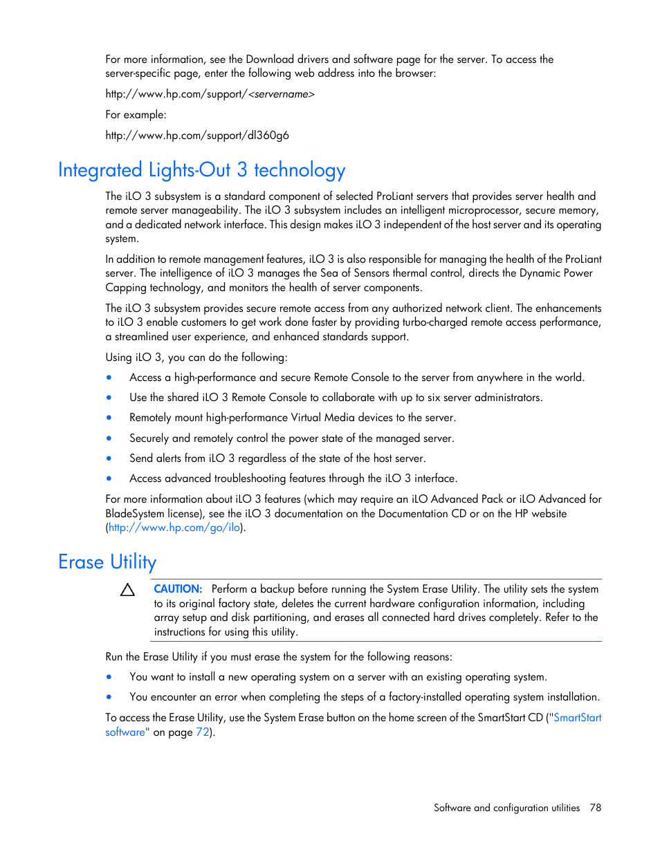 Integrated lights-out 3 technology, Erase utility | HP ProLiant DL360 G7 Server User Manual | Page 78 / 130