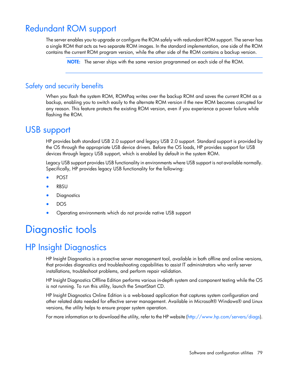 Redundant rom support, Safety and security benefits, Usb support | Diagnostic tools, Hp insight diagnostics | HP ProLiant DL360 G7 Server User Manual | Page 79 / 130