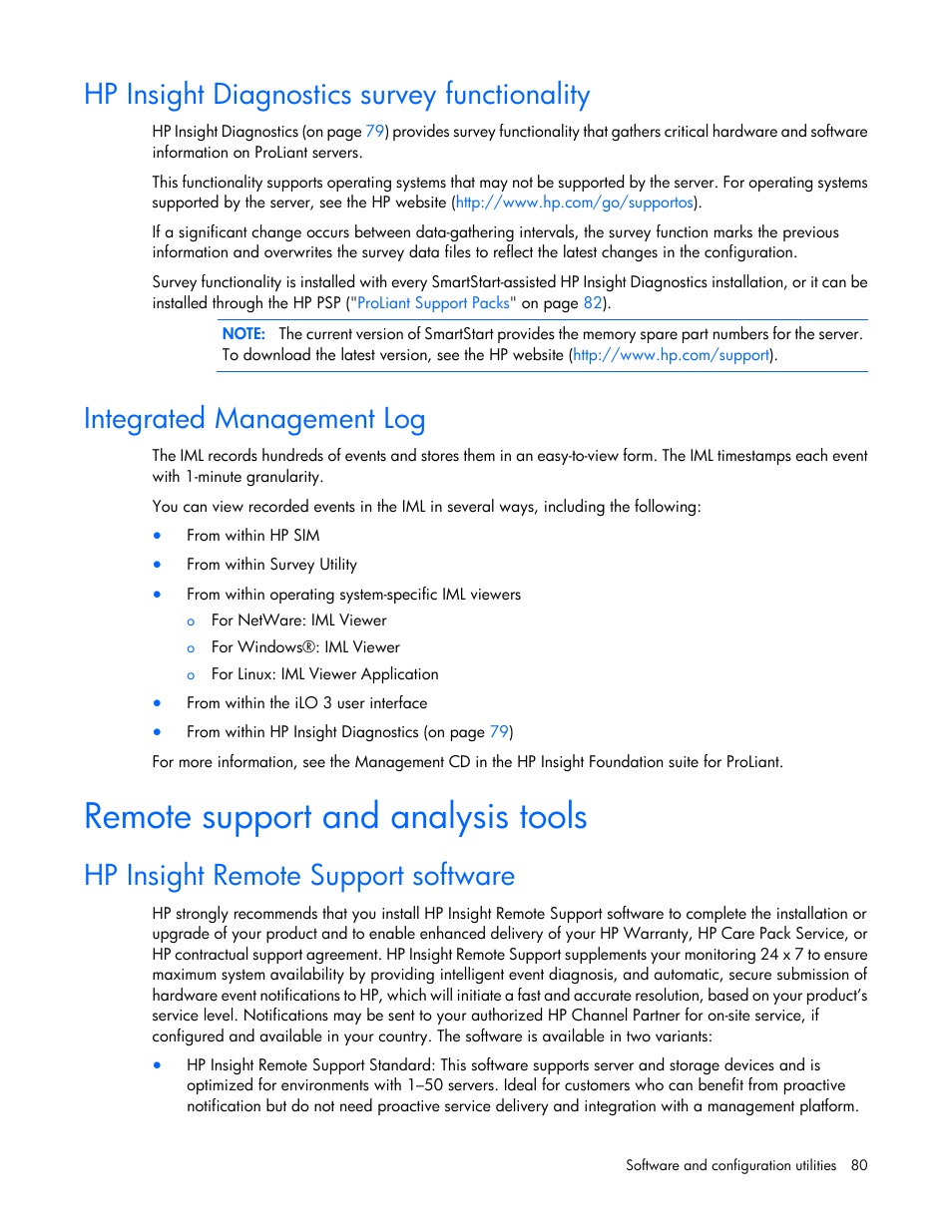 Hp insight diagnostics survey functionality, Integrated management log, Remote support and analysis tools | Hp insight remote support software | HP ProLiant DL360 G7 Server User Manual | Page 80 / 130