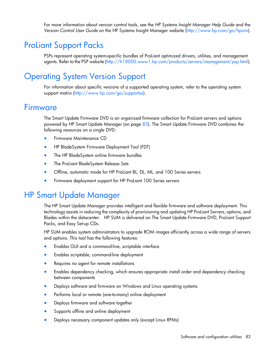 Proliant support packs, Operating system version support, Firmware | Hp smart update manager | HP ProLiant DL360 G7 Server User Manual | Page 82 / 130