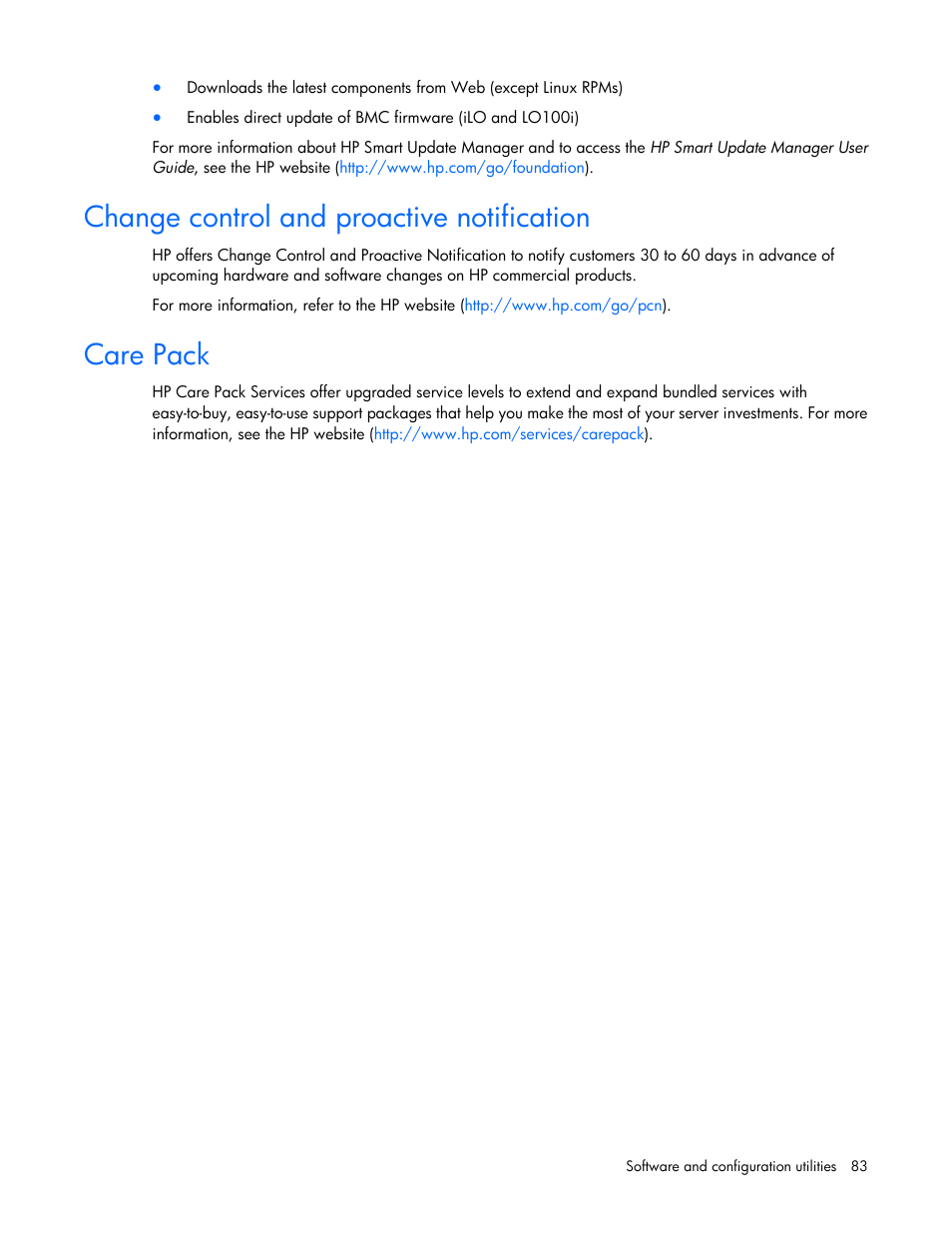 Change control and proactive notification, Care pack | HP ProLiant DL360 G7 Server User Manual | Page 83 / 130