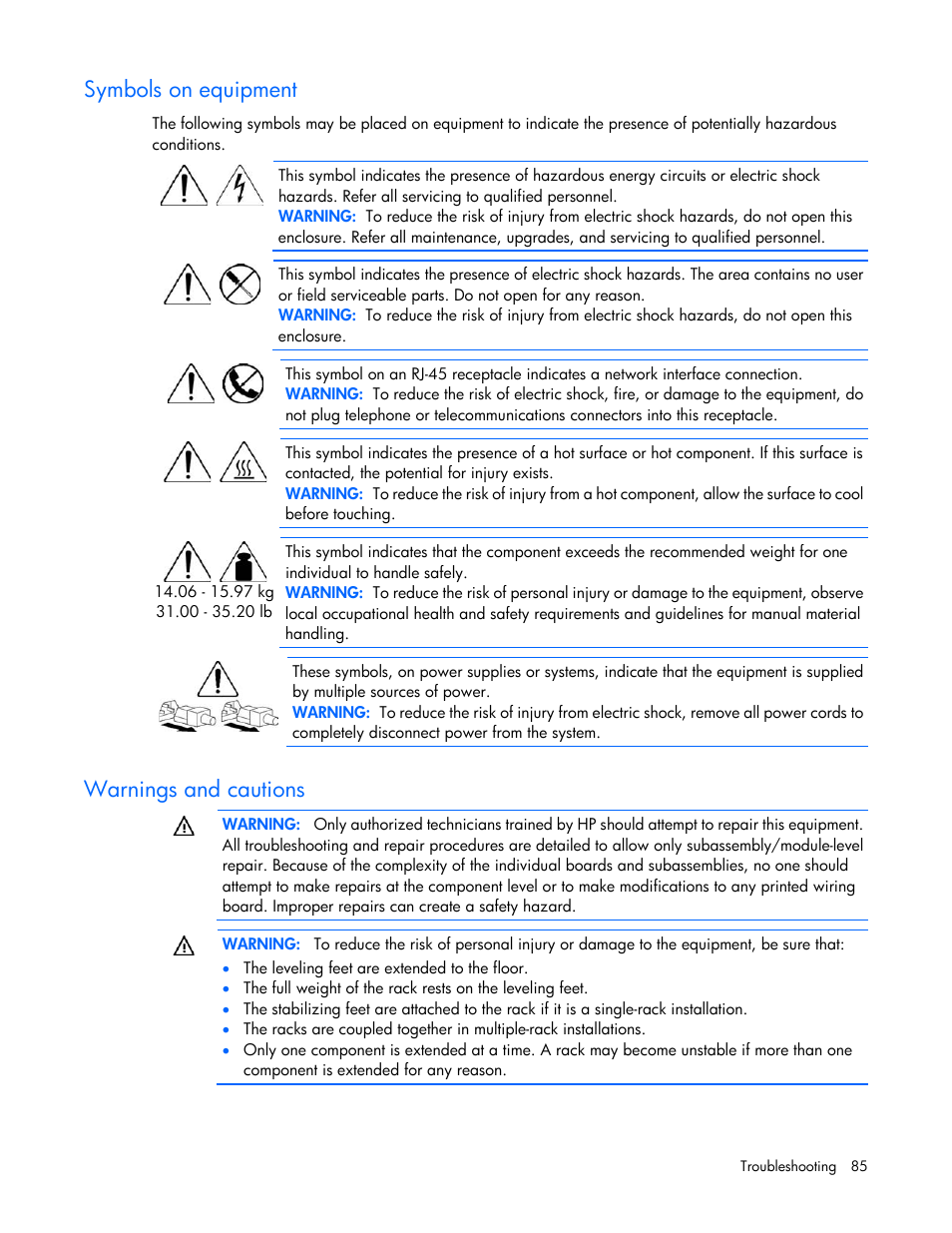 Symbols on equipment, Warnings and cautions | HP ProLiant DL360 G7 Server User Manual | Page 85 / 130