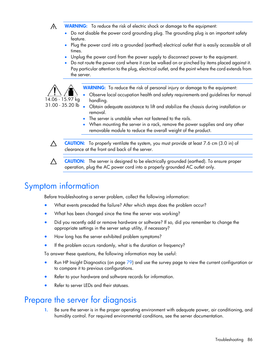 Symptom information, Prepare the server for diagnosis | HP ProLiant DL360 G7 Server User Manual | Page 86 / 130