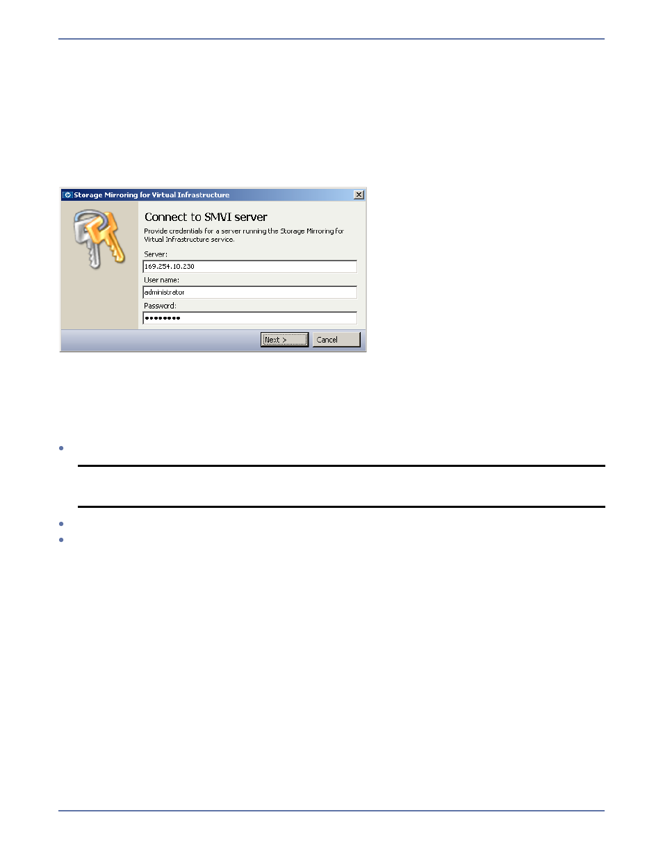 Connect to the administrative servers, Connect to the smvi server | HP Storage Mirroring Software User Manual | Page 10 / 37