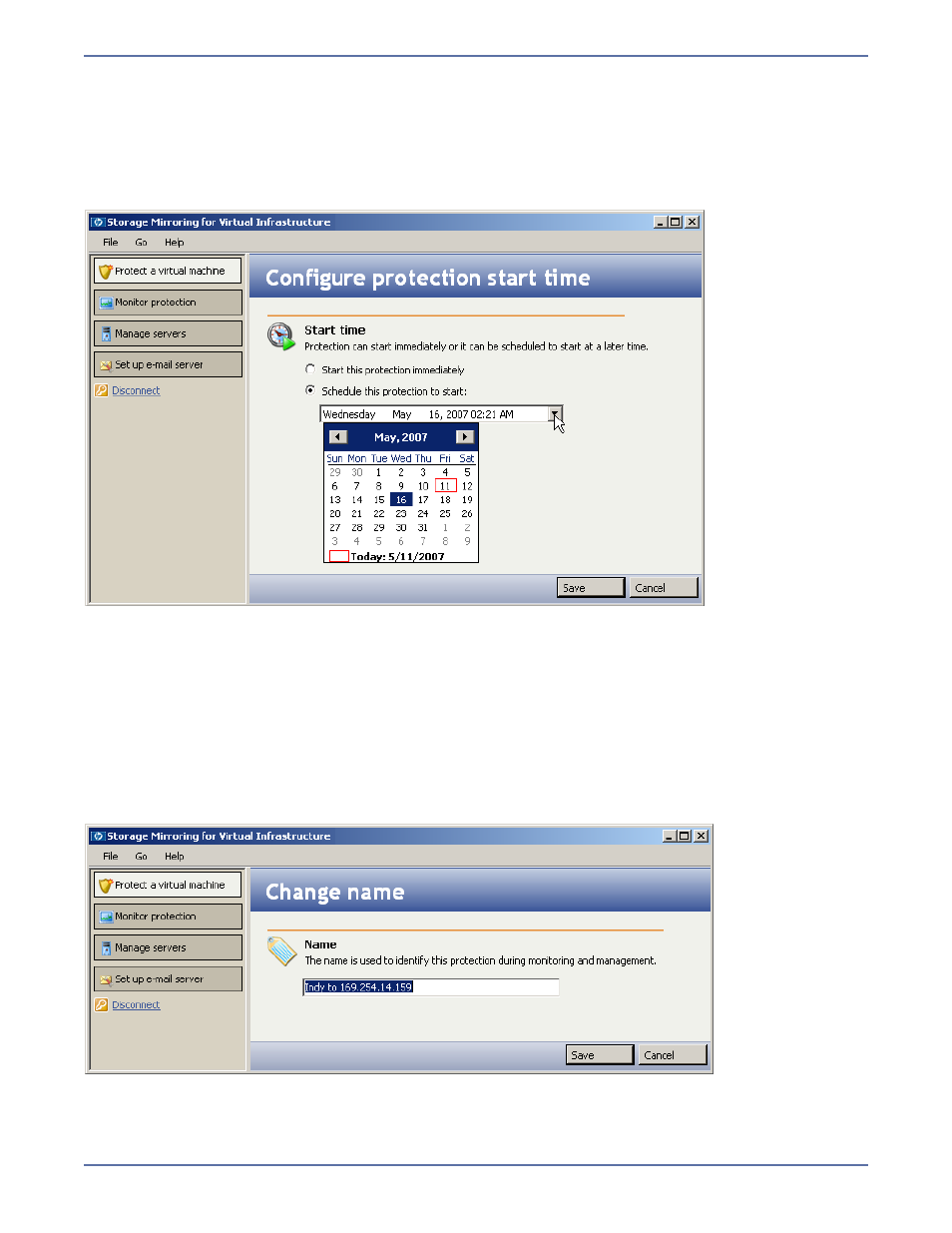 Schedule protection start time, Change protection set name | HP Storage Mirroring Software User Manual | Page 25 / 37