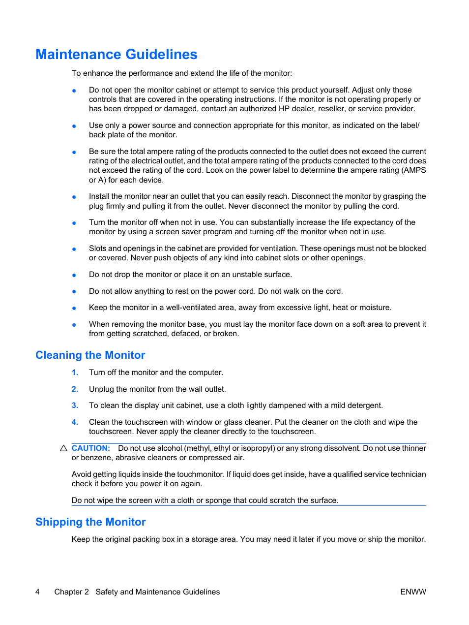 Maintenance guidelines, Cleaning the monitor, Shipping the monitor | Cleaning the monitor shipping the monitor | HP Compaq L5009tm 15-inch LCD Touchscreen Monitor User Manual | Page 10 / 38
