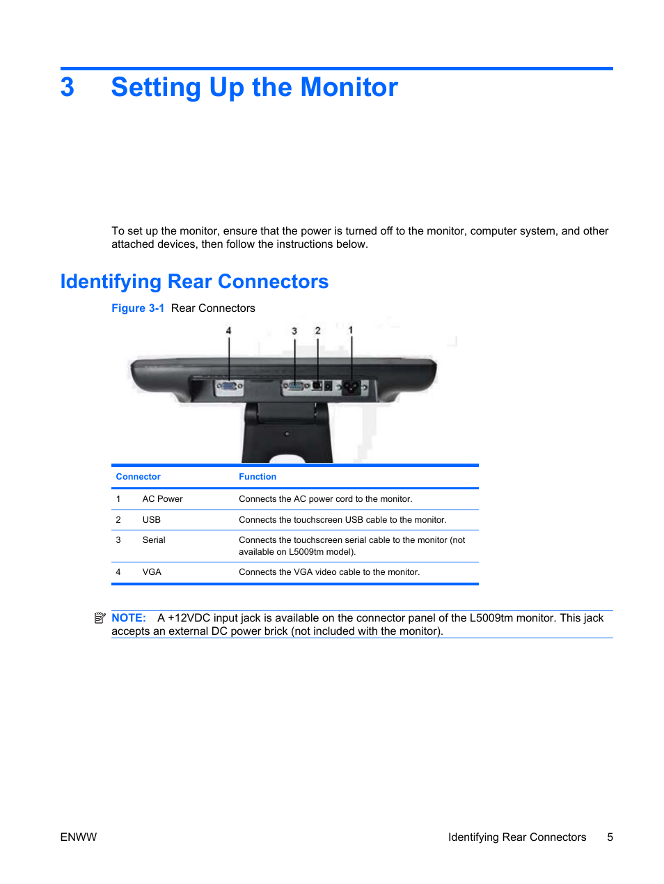 Setting up the monitor, Identifying rear connectors, 3 setting up the monitor | 3setting up the monitor | HP Compaq L5009tm 15-inch LCD Touchscreen Monitor User Manual | Page 11 / 38