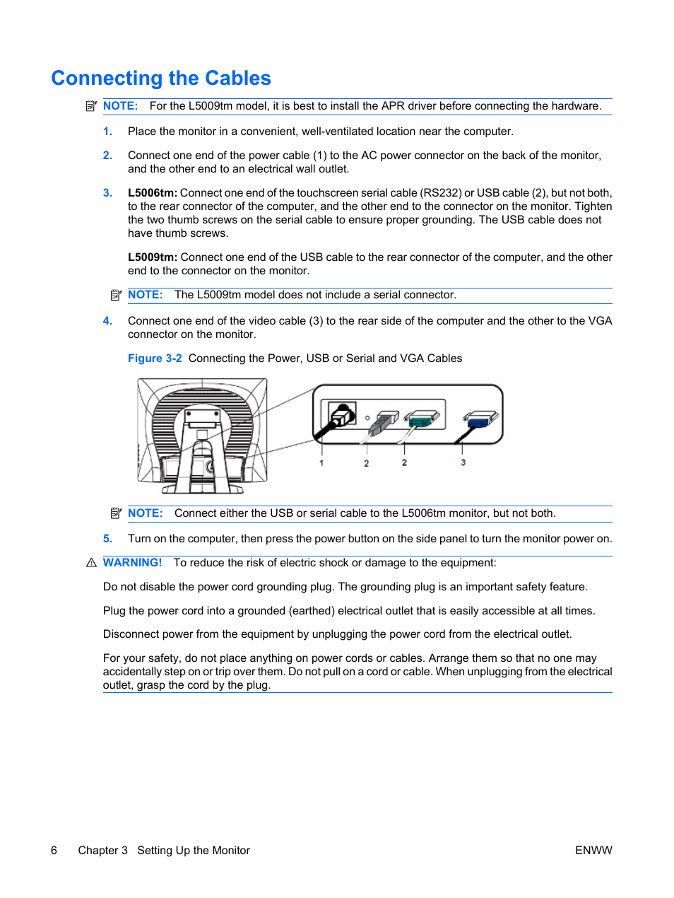 Connecting the cables | HP Compaq L5009tm 15-inch LCD Touchscreen Monitor User Manual | Page 12 / 38