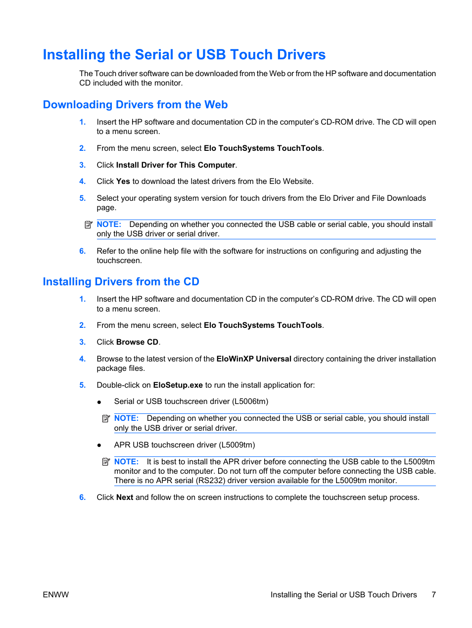 Installing the serial or usb touch drivers, Downloading drivers from the web, Installing drivers from the cd | HP Compaq L5009tm 15-inch LCD Touchscreen Monitor User Manual | Page 13 / 38