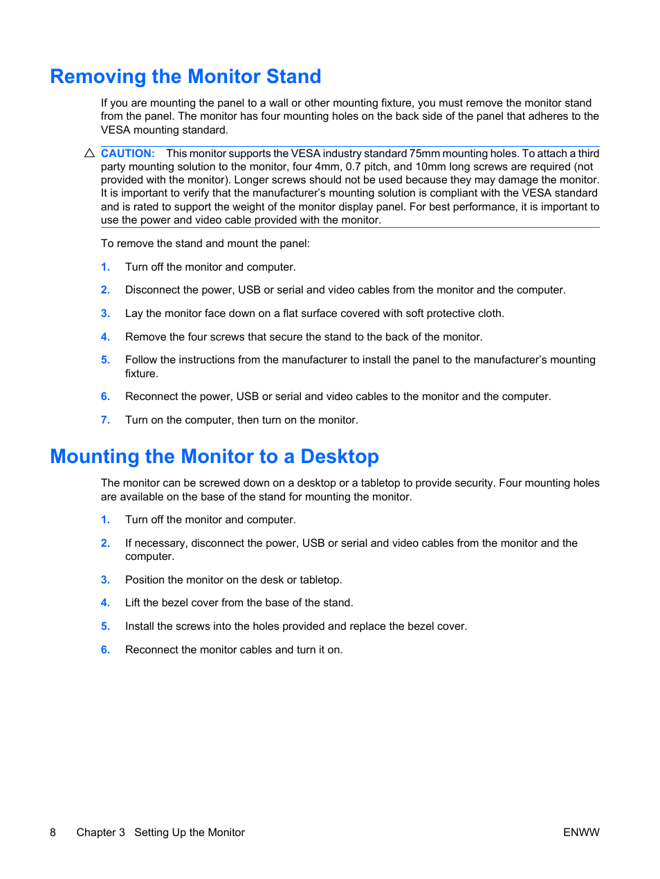 Removing the monitor stand, Mounting the monitor to a desktop | HP Compaq L5009tm 15-inch LCD Touchscreen Monitor User Manual | Page 14 / 38