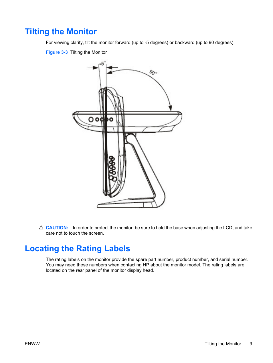 Tilting the monitor, Locating the rating labels, Tilting the monitor locating the rating labels | HP Compaq L5009tm 15-inch LCD Touchscreen Monitor User Manual | Page 15 / 38