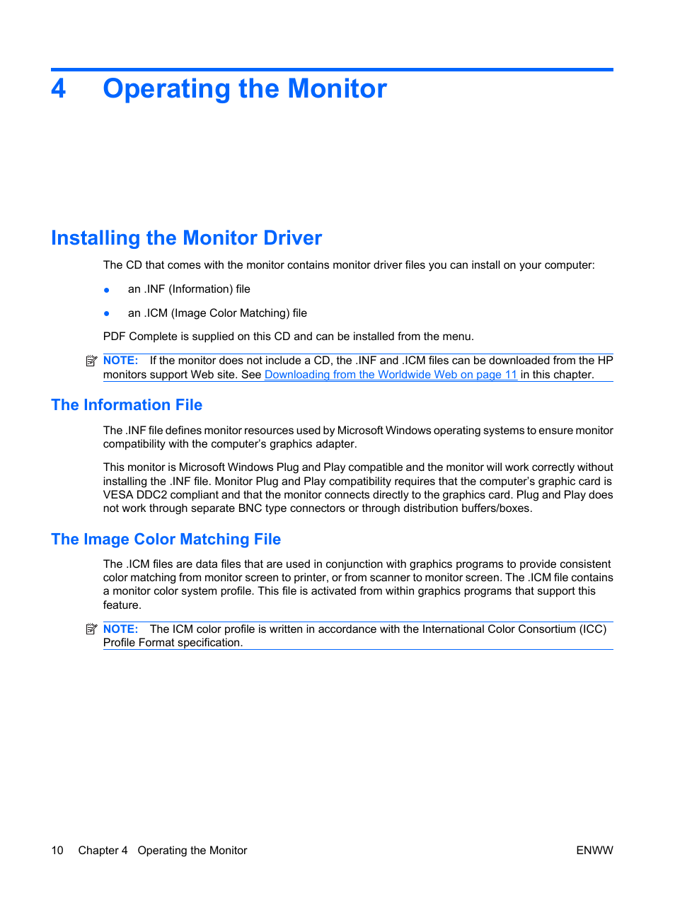 Operating the monitor, Installing the monitor driver, The information file | The image color matching file, 4 operating the monitor, The information file the image color matching file, 4operating the monitor | HP Compaq L5009tm 15-inch LCD Touchscreen Monitor User Manual | Page 16 / 38