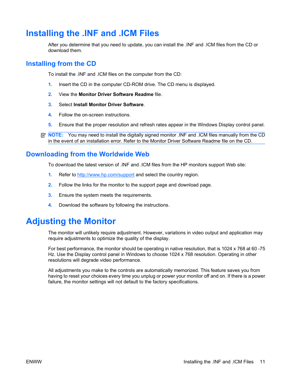Installing the .inf and .icm files, Installing from the cd, Downloading from the worldwide web | Adjusting the monitor | HP Compaq L5009tm 15-inch LCD Touchscreen Monitor User Manual | Page 17 / 38