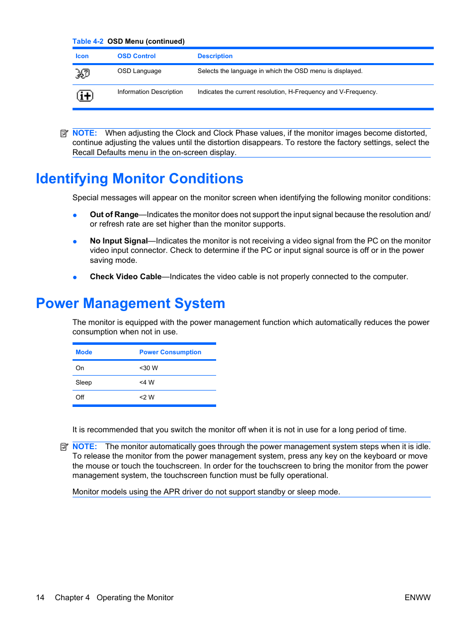 Identifying monitor conditions, Power management system | HP Compaq L5009tm 15-inch LCD Touchscreen Monitor User Manual | Page 20 / 38