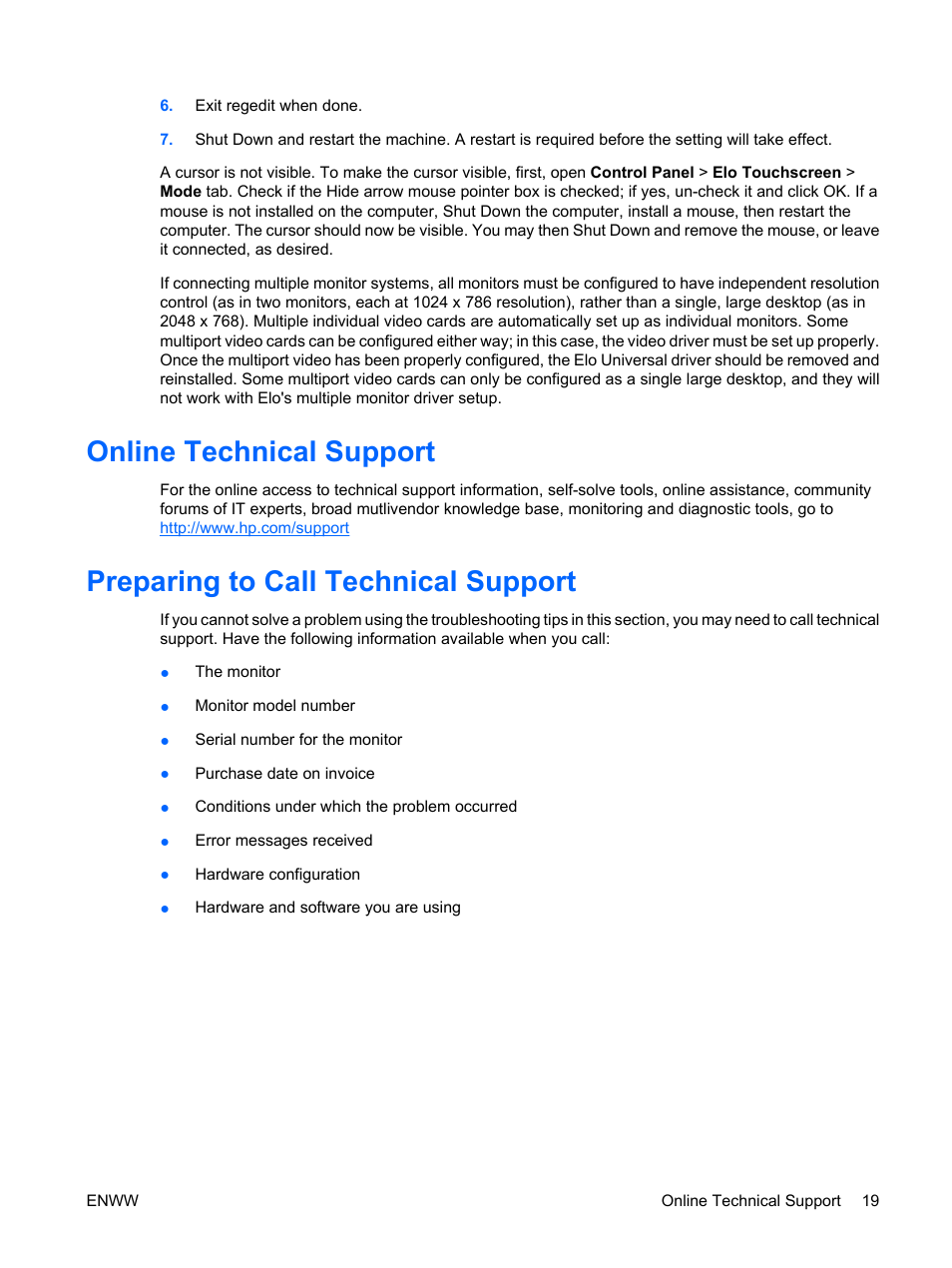 Online technical support, Preparing to call technical support | HP Compaq L5009tm 15-inch LCD Touchscreen Monitor User Manual | Page 25 / 38