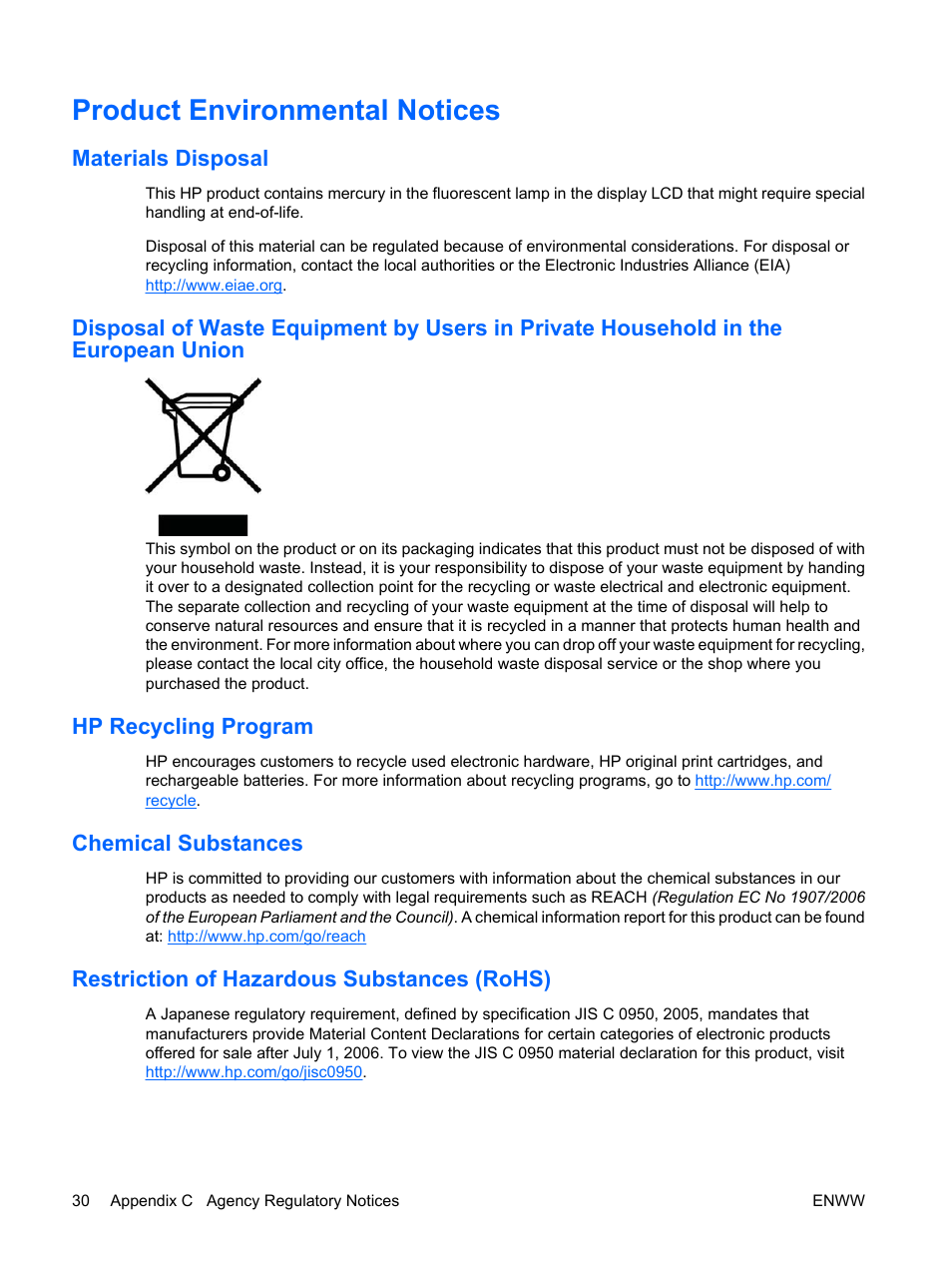 Product environmental notices, Materials disposal, Hp recycling program | Chemical substances, Restriction of hazardous substances (rohs) | HP Compaq L5009tm 15-inch LCD Touchscreen Monitor User Manual | Page 36 / 38